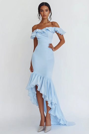 Mermaid Sky Blue Off The Shoulder Ruffles Long Formal Dress